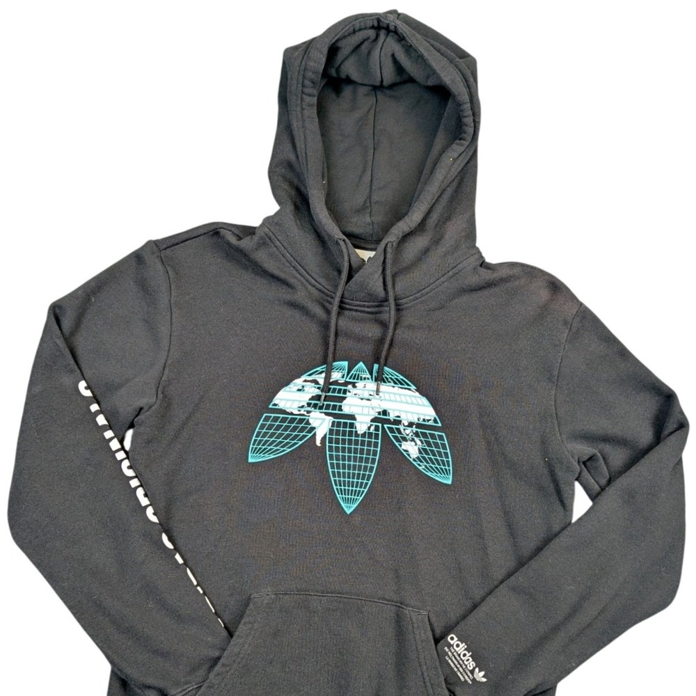 Adidas Originals Mens Small Black Globe Trefoil Graphic Sleeve Logo‎ Hoodie